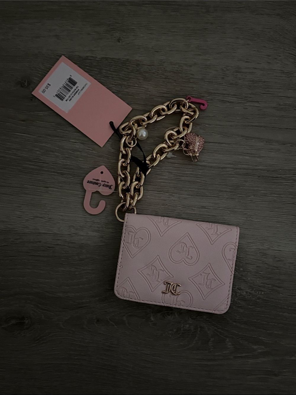 Juicy Couture Pale Pink Embossed Mini Card Holder with Gold Charm Chain
